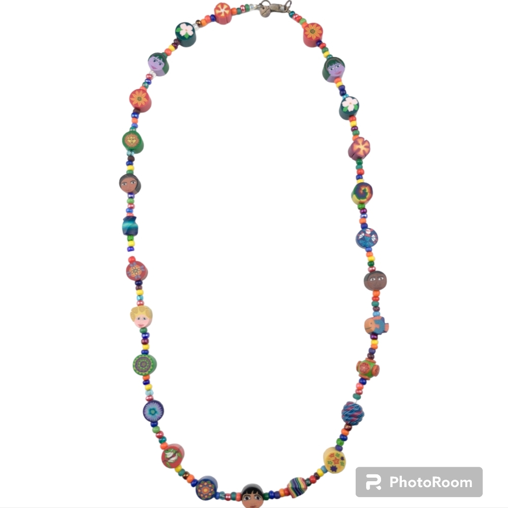 Necklace Beaded Multicolored People & Flowers & Animals & Designs w Metal Clasp
